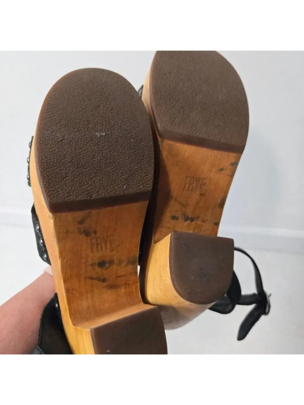 Frye Women's Size 9.5 Zelda Seam Black Leather Wooden Platform Sandals Chunky